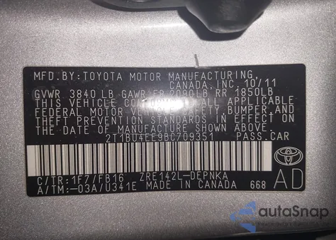 2011 Toyota Corolla Le from USA, damaged, VIN 2T1BU4EE9BC709351